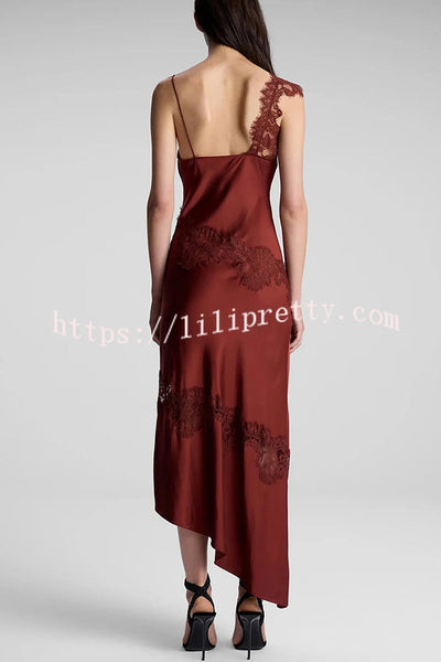 Sexy Lace Stitching Suspender V-neck Asymmetrical Maxi Dress