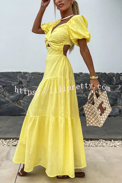 Solid Color Hollow Backless Puff Sleeve Maxi Dress