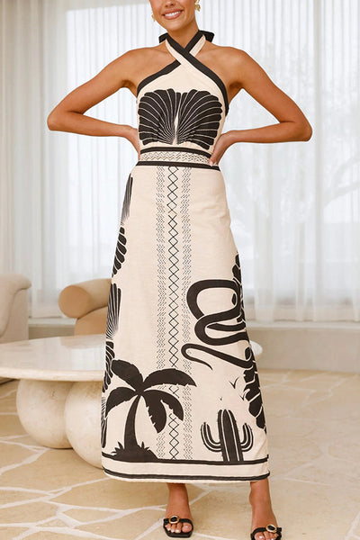 Shell Print Holiday Style Halter Neck Maxi Dress