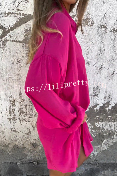 Solid Color Casual Lapel Long Shirt and Elastic Waist Loose Pocket Shorts Set