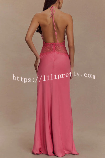 Romantic Sexy Satin Lace Waist Halter Maxi Dress