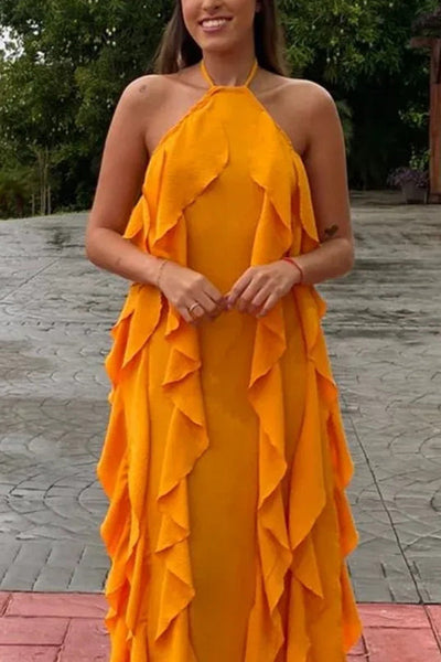 Solid Color Halter Neck Open Back Wavy Edge Maxi Dress