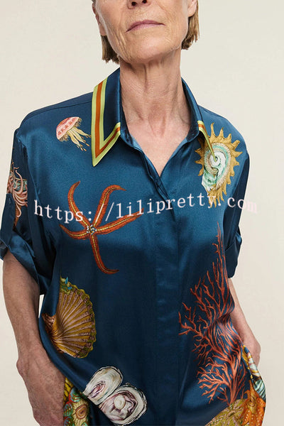 Linen Blend Unique Print Lapel Short Sleeve Shirt and Elastic Waist Loose Pocket Wide Leg Pants Set