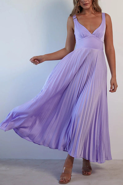 Satin Solid Color Sexy V-Neck Pleated Maxi Dress