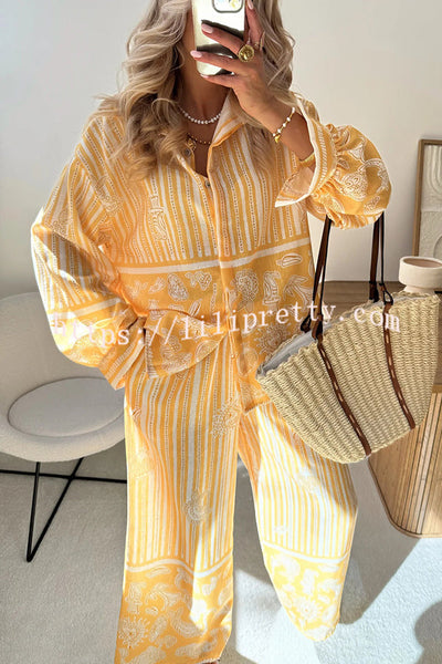 Holiday Style Unique Print Long Sleeve Lapel Loose Shirt and Elastic Waist Casual Pocket Pants Set
