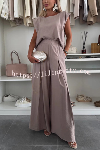 Santie Round Neck Cape Sleeve Loose Top and Elastic Waist Pocket Wide Leg Pants Set