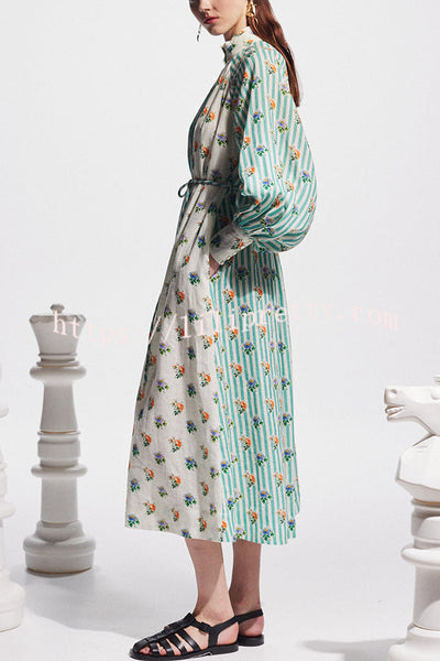 Floral Stripe Print Long Sleeve Tie Waist Relaxed Pocket Midi Dress