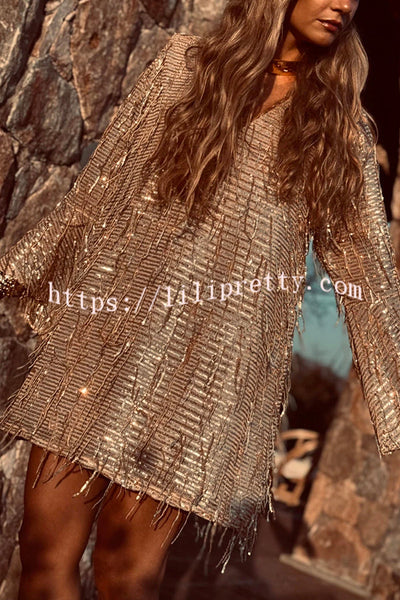 Flowing Shimmer Sequin Tassel Fabric Bell Sleeve Back Tie-up Loose Mini Dress