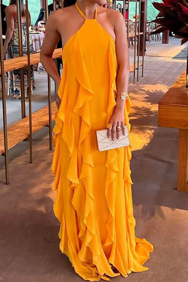 Solid Color Halter Neck Open Back Wavy Edge Maxi Dress