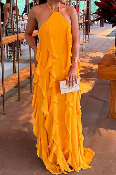 Solid Color Halter Neck Open Back Wavy Edge Maxi Dress