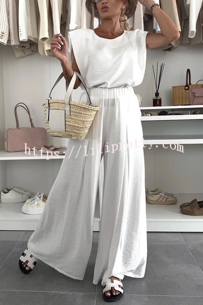 Santie Round Neck Cape Sleeve Loose Top and Elastic Waist Pocket Wide Leg Pants Set