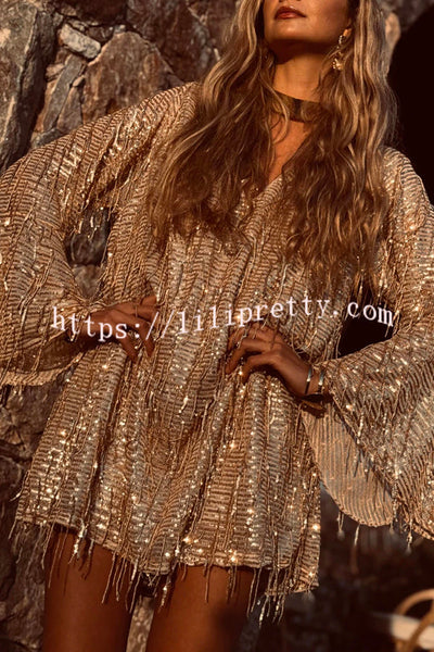 Flowing Shimmer Sequin Tassel Fabric Bell Sleeve Back Tie-up Loose Mini Dress