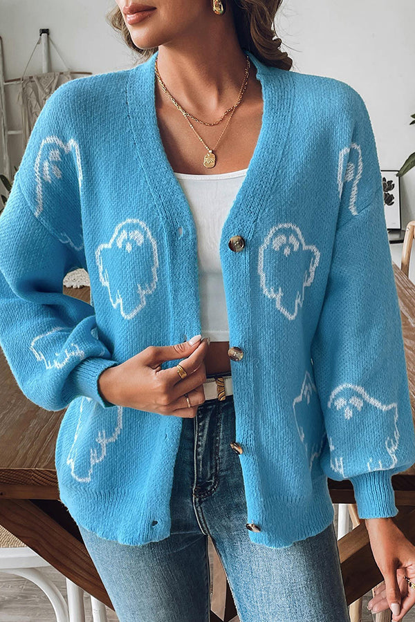 Halloween Ghost Pattern Casual Button-Down Knit Sweater