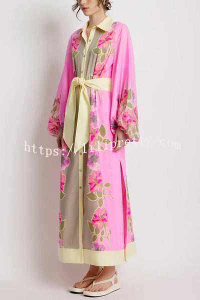 Linen Blend Floral Print Casual Cardigan Lace-up Maxi Dress