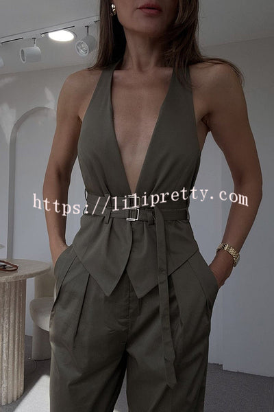 Sexy Backless Belted Waistcoat and Casual Pocket Pants Set