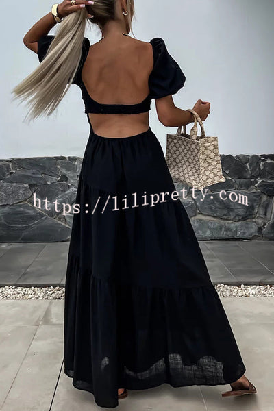 Solid Color Hollow Backless Puff Sleeve Maxi Dress