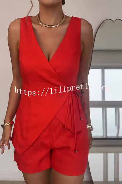 Solid Color Casual Sleeveless V-neck Top and Loose Shorts Set