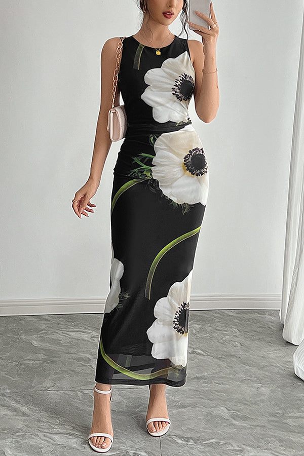 Floral Print Round Neck Sleeveless Mesh Fitted Maxi Dress