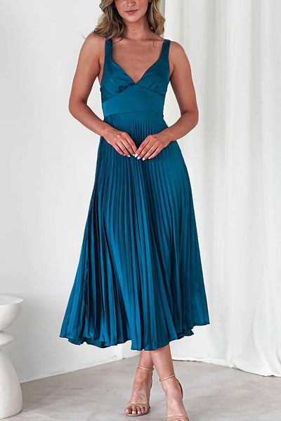 Satin Solid Color Sexy V-Neck Pleated Maxi Dress