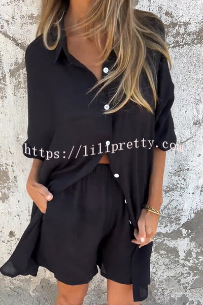 Solid Color Casual Lapel Long Shirt and Elastic Waist Loose Pocket Shorts Set