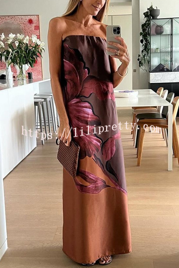 Floral Print Sexy Elastic Bandeau Slit Midi Dress
