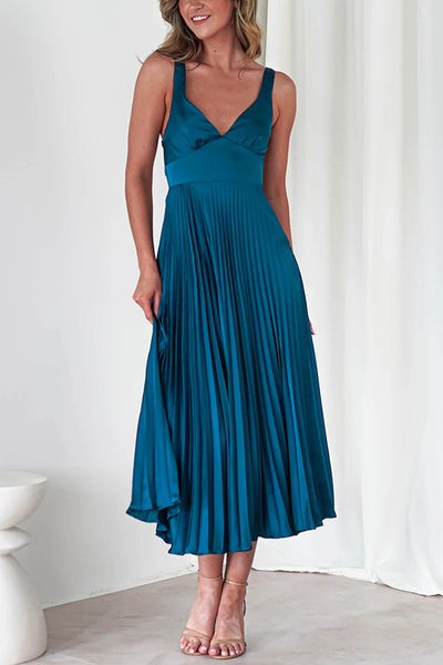 Satin Solid Color Sexy V-Neck Pleated Maxi Dress