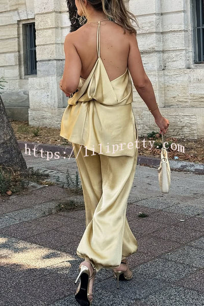 Satin Solid Color Loose Backless Casual Top