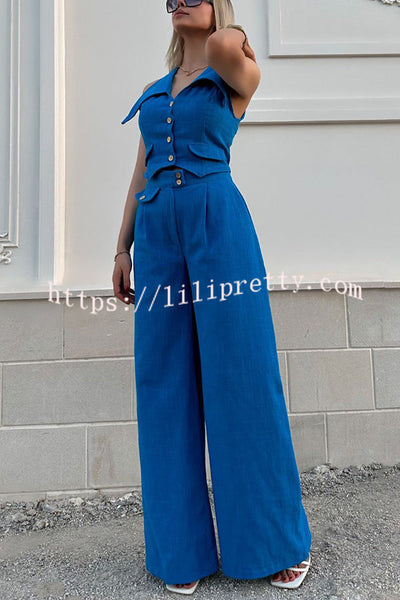 Memorable Crush Linen Blend Patchwork Vest Top and Pocket Wide Leg Pants Set