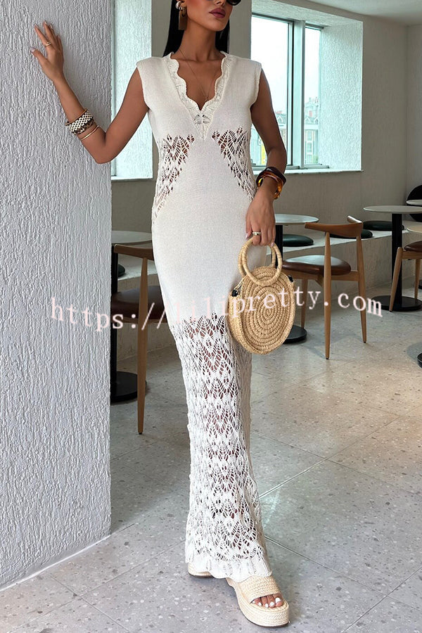 Solid Color Hollow Knitted V-neck Slim Fishtail Maxi Dress
