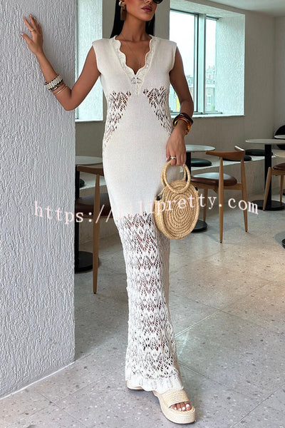 Solid Color Hollow Knitted V-neck Slim Fishtail Maxi Dress