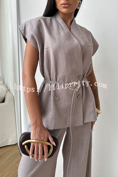 Modern City Double Breasted Belted Wide Short Sleeve Suit and Elastic Waist Loose Pants Set