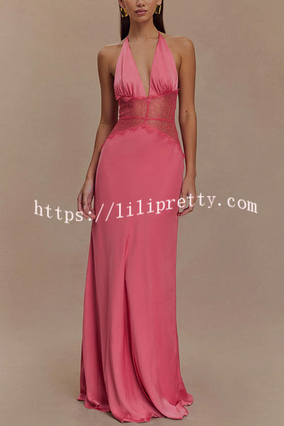 Romantic Sexy Satin Lace Waist Halter Maxi Dress