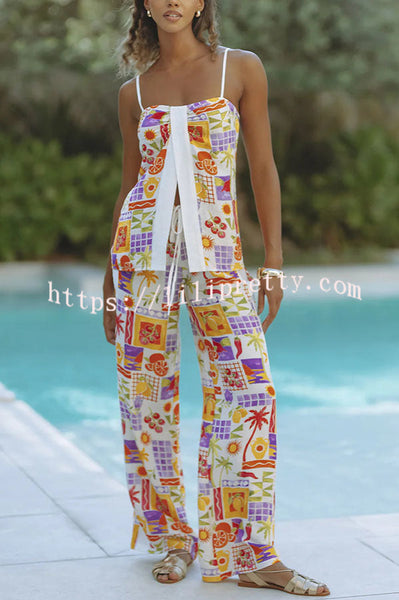 Katri Unique Print Front Slit Tank and Elastic Waist Pocket Wide Leg Pants Set