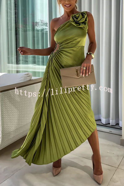 Romantic Nights Satin Raised Flower Elastic Cutout One Shoulder Pleated Maxi Dress