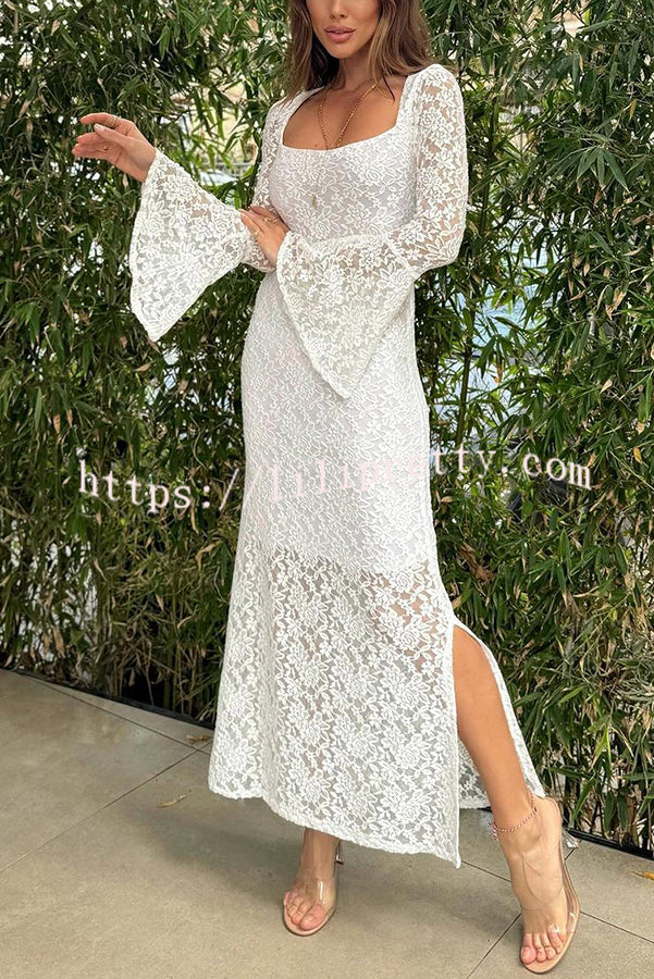 Luxe Lifestyle Lace Square Neck Bell Sleeve Lined Slit Midi Dress