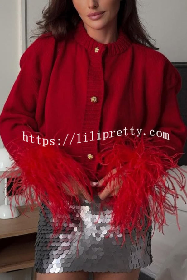 Solid Color Elegant Feather Long Sleeve Casual Knitted Cardigan
