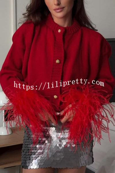 Solid Color Elegant Feather Long Sleeve Casual Knitted Cardigan