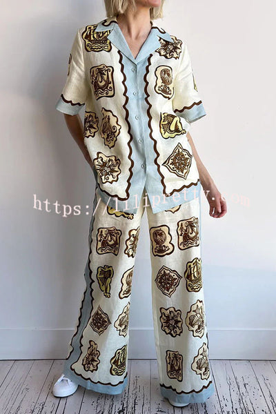 Lakeside Breeze Linen Blend Unique Print Short Sleeve Button Oversized Blouse