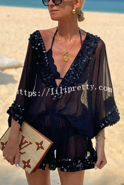 Shiny Holiday Sequin Trim Loose Cover-up Kaftan Mini Dress
