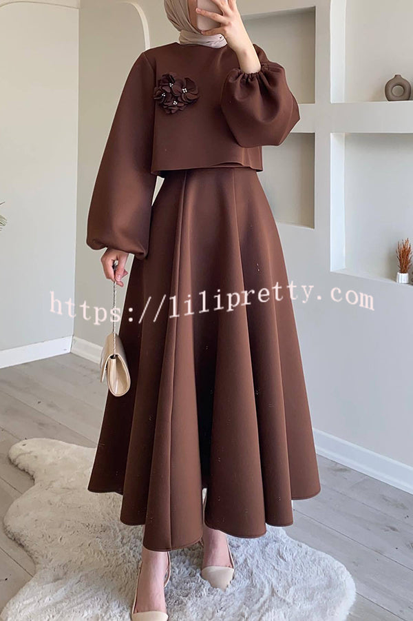 Solid Color Flower-embellished Lantern Sleeve Loose Top and Casual Maxi Skirt Set