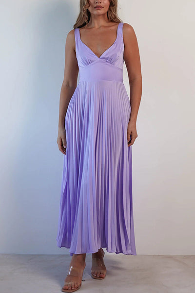 Satin Solid Color Sexy V-Neck Pleated Maxi Dress