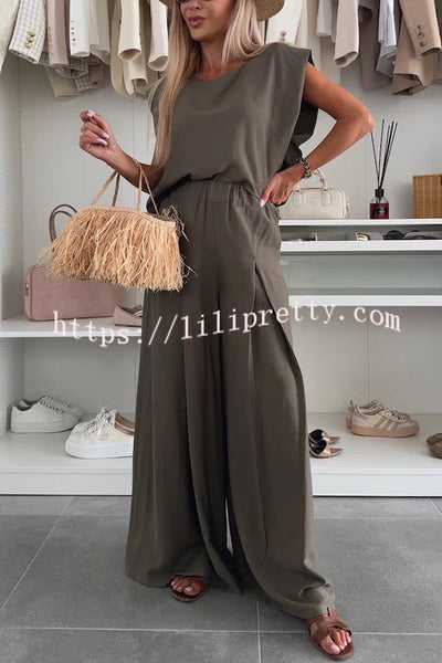 Santie Round Neck Cape Sleeve Loose Top and Elastic Waist Pocket Wide Leg Pants Set