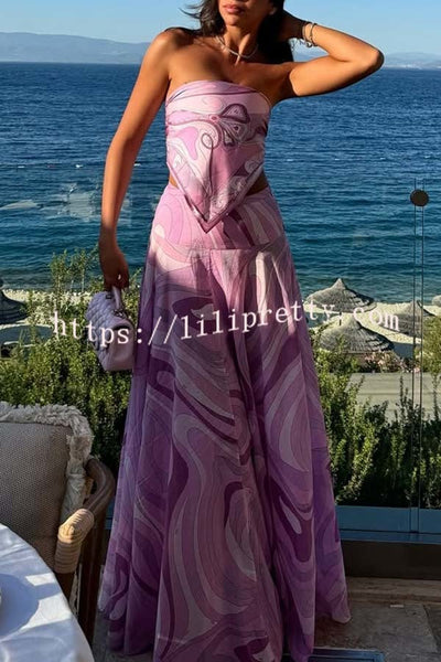 Nessie Satin Unique Print Scarf Tube Top and High Rise A-line Maxi Skirt Set