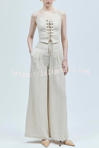 Mira Linen Blend Pleated Waist Pocket Wide Leg Pants