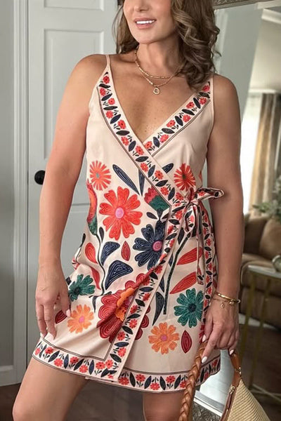 Floral Print V-Neck Suspender Lace-Up Resort Mini Dress
