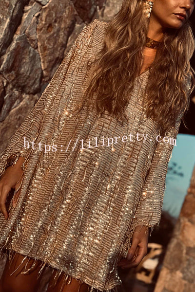 Flowing Shimmer Sequin Tassel Fabric Bell Sleeve Back Tie-up Loose Mini Dress