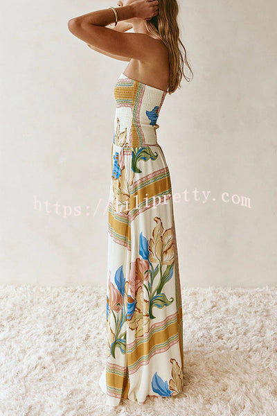 Linen Blend Unique Print Off-The-Shoulder Pleated Resort Maxi Dress