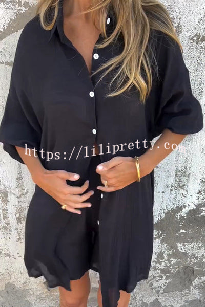 Solid Color Casual Lapel Long Shirt and Elastic Waist Loose Pocket Shorts Set