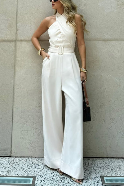 Solid Color Halterneck Sleeveless Waisted Casual Pocket Straight Jumpsuit