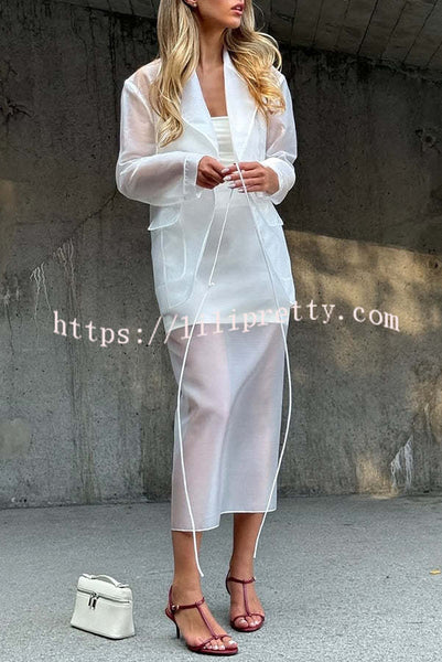 Simple and Light See-through Fabric Tie-up Long Sleeve Pocket Lapel Blazer